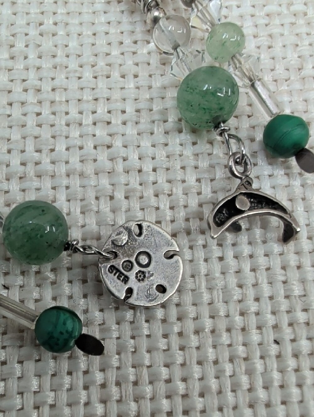 Vintage 925 Sterling Silver Green Stone Dolphin Sand Dollar Dangle Earrings - Picture 5 of 17